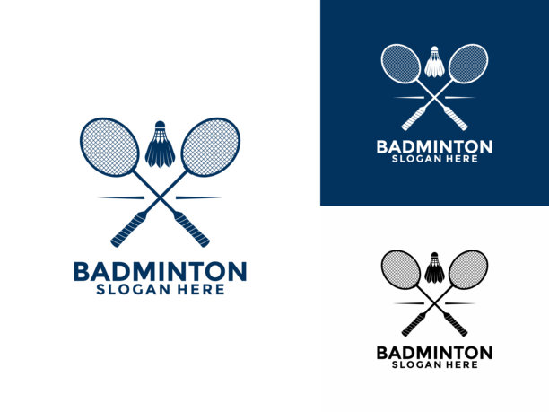 羽毛球标志设计图标。羽毛球运动标志模板矢量，运动俱乐部羽毛球标志与羽毛球和球拍的概念图片下载