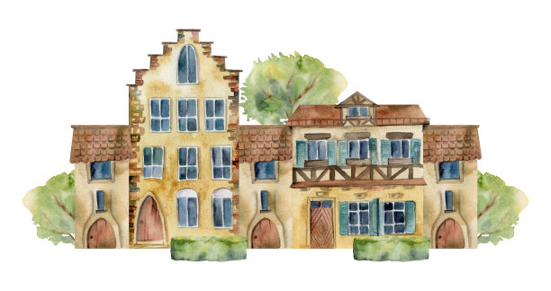 古老的欧洲城市街道房屋城市立面。历史悠久的城市景观建筑，绿树成荫。水彩手绘插图。适用于旅游商店、纪念品、旅行手册、建筑事务所。图片下载