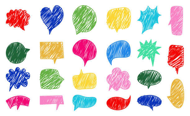 可爱的彩色蜡笔对话气泡套装，带有漫画风格的对话气球涂鸦。矢量插图图片下载