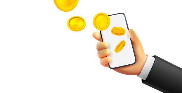 商人手持现代智能手机，硬币从上方掉落。3D矢量横幅，留有空白空间。图片下载