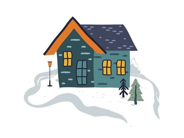 可爱时尚的冬季房屋、树木和雪。元素独立于白色背景。卡通风格，手绘。适用于卡片、印刷品、明信片、横幅。矢量艺术插图。图片下载