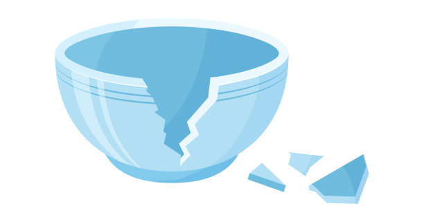 破碎的陶瓷碗，空的陶土盘子裂缝，卡通盘子破碎。瓷罐碎成碎片。蓝色锅子开裂。餐具矢量插图图片下载