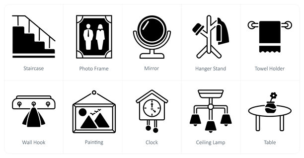 一组包含楼梯、相框、镜子的10个家具图标图片下载