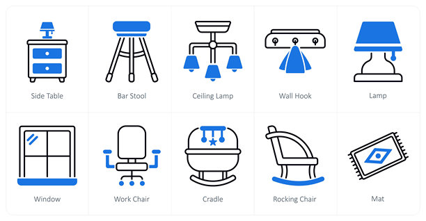 一组10个家具图标，包括滑动桌、吧台椅、吊灯图片下载