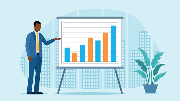 一名男子在办公室站在白板前，白板上有数据图表。旁边有一朵花。背景是一个可以看到城市景观的办公室窗户。扁平设计矢量图。图片下载