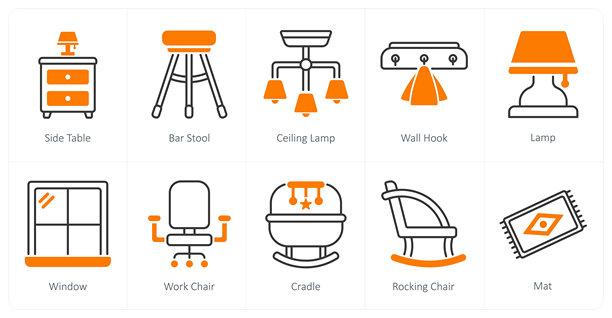 一组10个家具图标，包括滑动桌、吧台椅、吊灯图片下载