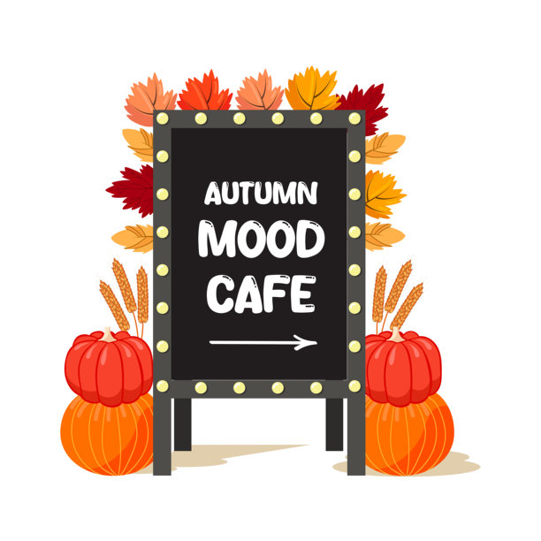 黑色人行道黑板菜单，配有灯泡，节日秋季装饰，包括南瓜、玉米、树叶。秋季氛围咖啡馆。矢量插图。图片下载