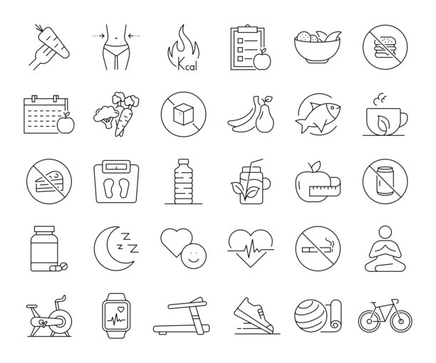 饮食与健康生活方式线条图标集。营养、锻炼、减肥、燃烧卡路里图片下载