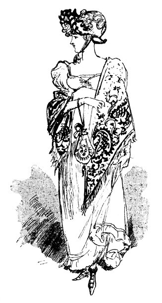 19世纪摄政时期时尚，女士帝国风格连衣裙配克什米尔披肩、手提包和帽子图片下载