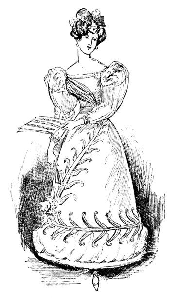 1820年代法国复辟时期时尚，女士晚礼服配傻瓜袖和阿波罗结发型 - 19世纪图片下载