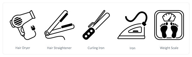 一组包含5个家用电器图标，如吹风机、直发器、卷发棒图片下载
