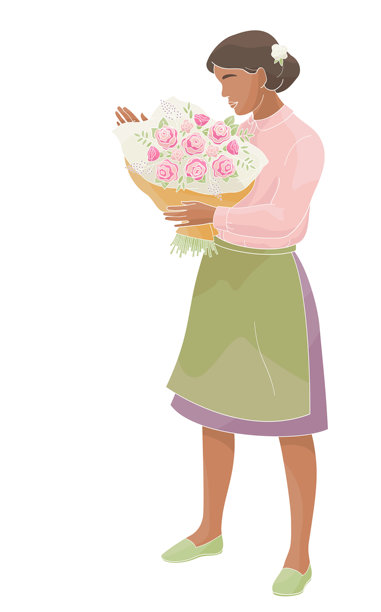 非裔美国女性花店老板，穿着围裙，手捧玫瑰花束图片下载