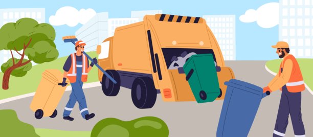 清洁工将容器装入垃圾车。使用机器进行街道清扫。拾荒者搬运垃圾桶。清洁工在工作。垃圾清理。保洁员收集垃圾。鲜艳的矢量概念。图片下载