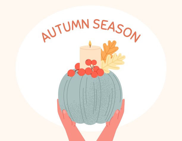 秋季背景。手握南瓜，里面点燃蜡烛，周围是橡树叶。秋季风格的花束，万圣节感恩节的矢量卡片设计。图片下载
