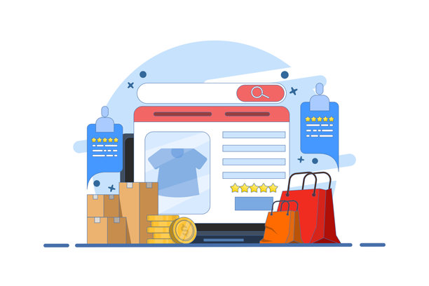 电子商务网站平台概念，浏览电子商务网站购物，数字市场，安全支付，客户产品评分，带图标的矢量插图。图片下载
