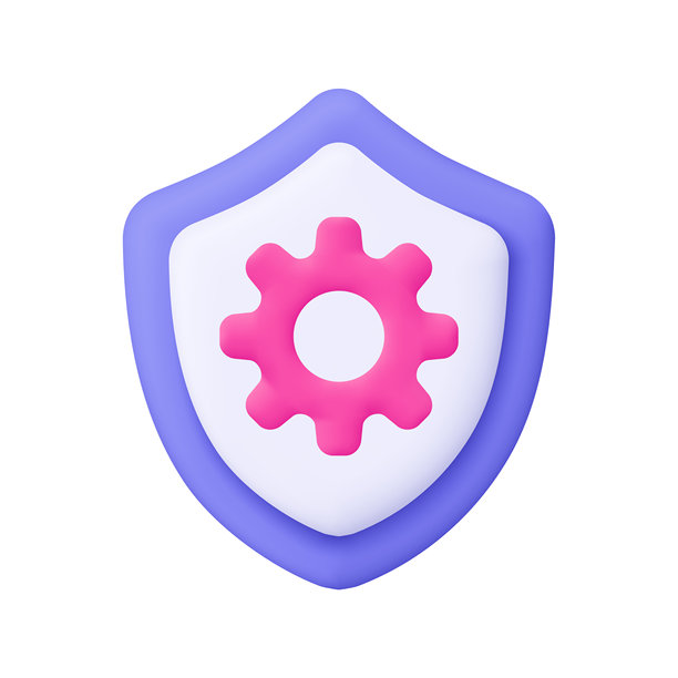 带齿轮的盾牌，内部有齿轮。安全、保护、设置、维护、修理和修复的概念。3D矢量图标。卡通简约风格。图片下载