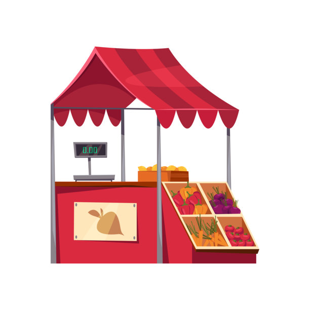 蔬菜市场摊位，摆放着甜椒、甜菜根、胡萝卜和西红柿。矢量图展示了一个提供各种蔬菜的商店，适合烹饪和健康饮食，摊位上有甜菜根和甜椒。图片下载