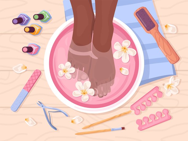 足浴。女性足部水疗碗，顶部有花瓣，脚趾甲护理工具，温柔的肌肤，女性脚趾甲处理，美容院水疗程序，时尚的矢量插图。图片下载