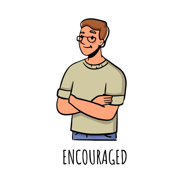 自信且受到鼓舞的男性角色，双臂交叉在胸前。矢量平面卡通角色，孤立的工人或朋友，面带满足的微笑。充满动力和积极向上的人。图片下载