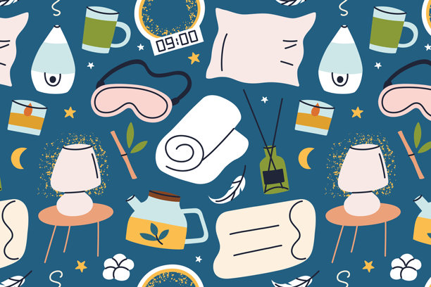 与舒适睡眠相关物品的无缝矢量图案，包含枕头、毯子、眼罩涂鸦，营造放松的夜晚氛围。适用于纺织品和包装纸的卡通插图。图片下载