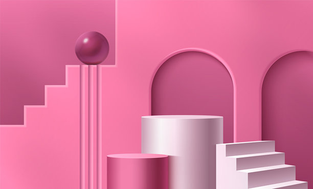 粉色背景上的3D楼梯和圆柱形讲台图片下载