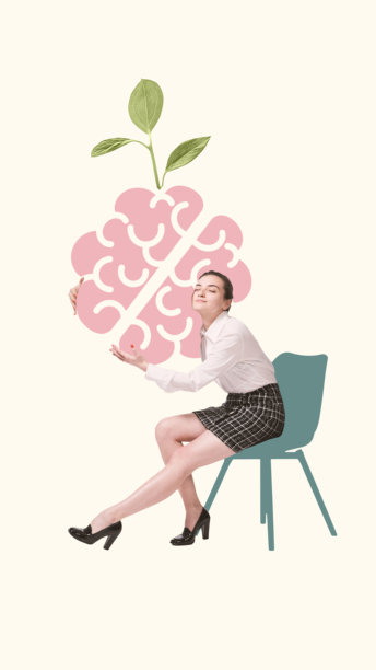 年轻女性手握大脑，脑中长出植物，象征心理健康与稳定。现代艺术拼贴。图片下载