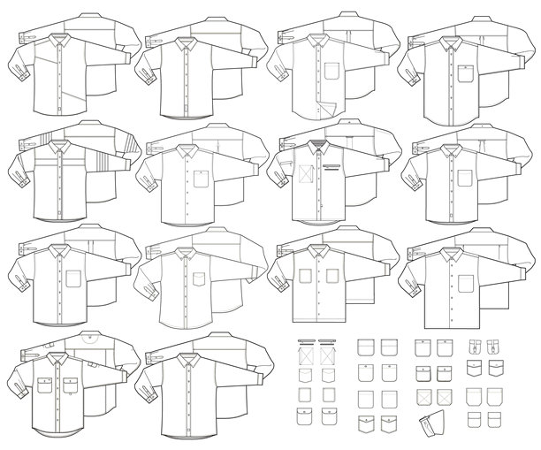 编织纽扣衬衫技术时尚插图矢量模板合集，包含14种设计和口袋选项图片下载