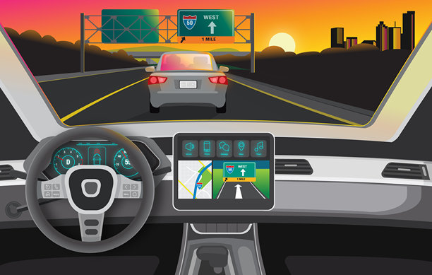 现代汽车内饰配备导航系统，在高速公路上行驶，夕阳西下。图片下载