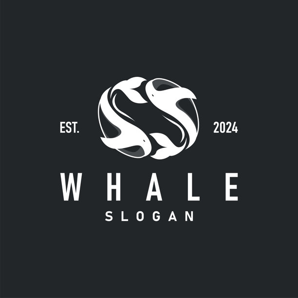 鲸鱼标志设计剪影，动物巨型鱼类，虎鲸海洋概念，简单模板插图图片下载