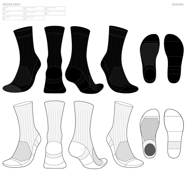男女通用足球袜设计的袜子技术包模板平面草图时尚插图模型CAD图纸。中筒袜绘图。图片下载