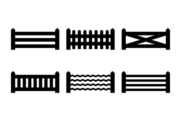 围栏图标集。围栏。黑色轮廓。水平正视图。简单平面图形插图。白色背景上的孤立物体。孤立。图片下载