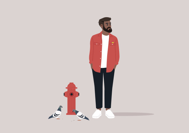一位留着胡子的男子穿着休闲服，站在红色消防栓旁，观察在阳光明媚的城市街道上嬉戏的鸽子，展现了日常生活的一个瞬间。图片下载