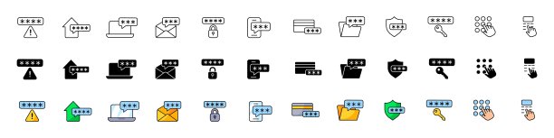 密码图标集合。线性、轮廓和扁平风格。矢量图标图片下载
