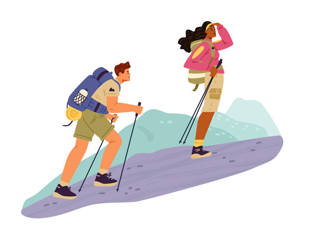 多种族情侣在山上徒步旅行的扁平矢量插图。一男一女背着背包，手持登山杖。图片下载