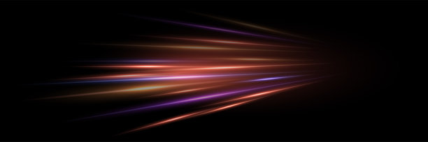 黑色背景上的抽象光速效果线条。游戏未来感的闪亮图案，流动的明亮金色、紫色和红色光线在黑暗中交织。现代科技矢量插图。图片下载