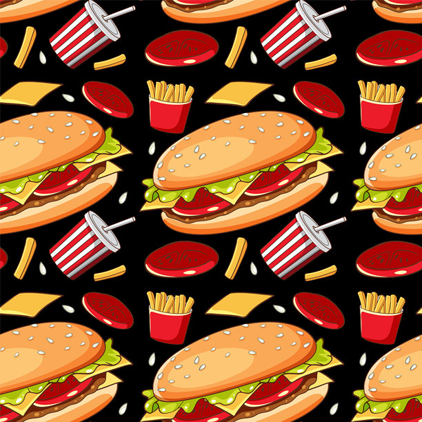 黑色背景上的汉堡、薯条和饮料图片下载