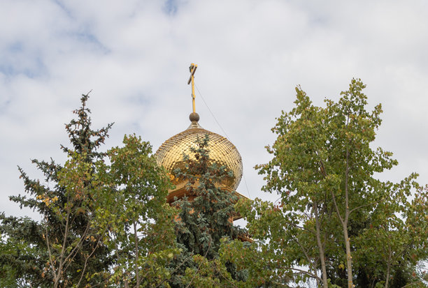 从城市中心的树木间仰望的金色圆顶和顶部的东正教十字架的照片图片下载