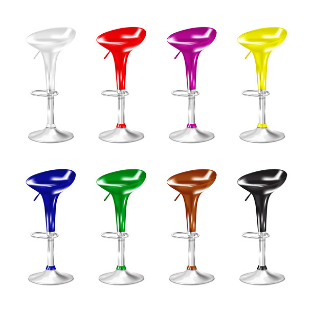 带脚踏的旋转酒吧椅，孤立展示。白色、彩色、黑色套装。3D模型，易于编辑。高酒吧椅，带可调高度的圆形金属底座。逼真的矢量模型。图片下载