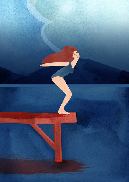 一位女性从桥上跳入河流、海洋或湖泊的水中，背景是宁静的山脉风景，天空高远，云朵飘逸。水彩插图。明信片模板。图片下载