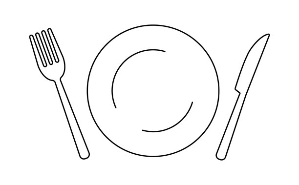 叉子、刀子和盘子的线条插图图片下载