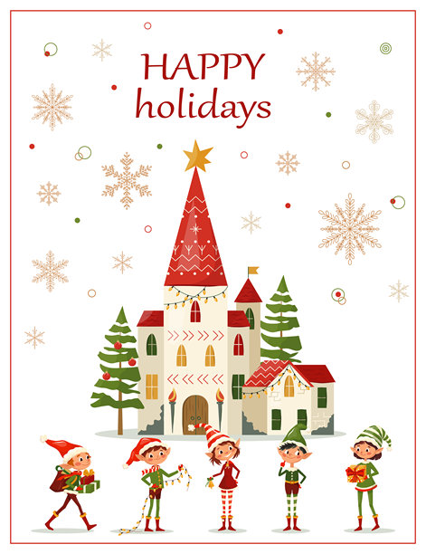 冬季快乐假期贺卡，卡通城堡和小精灵。圣诞节矢量模板，圣诞老人小助手有趣角色。可爱的儿童设计用于印刷、贺卡、传单、横幅，2025年封面。图片下载
