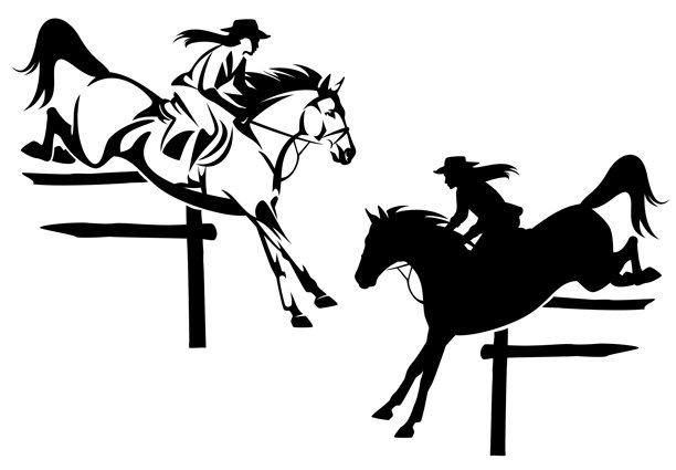 牛仔女骑跳过栅栏马黑白矢量设计集图片下载