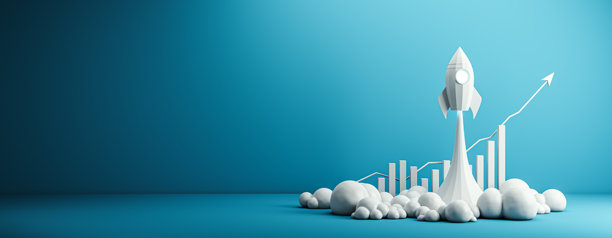 白色火箭发射与向上的箭头和条形图在蓝色梯度背景。三维渲染图片下载
