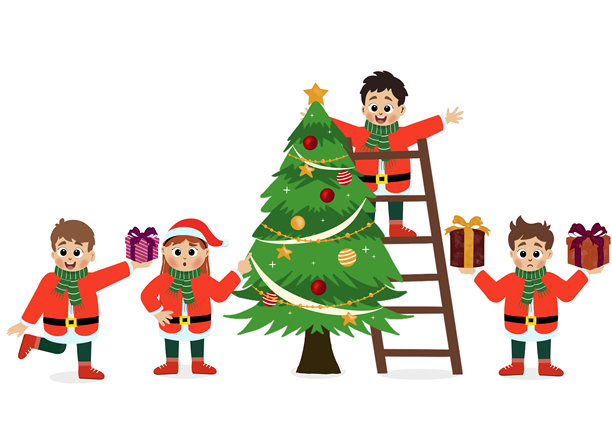 可爱的小女孩和男孩一起庆祝圣诞节，装饰圣诞树图片下载