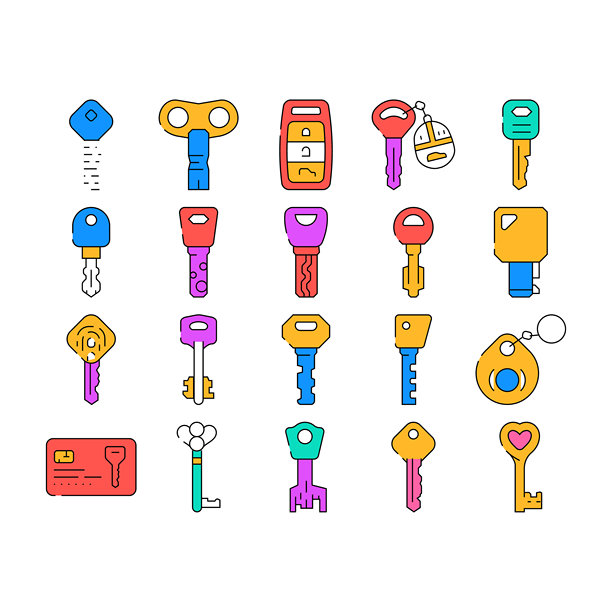 钥匙打开和关闭挂锁图标集矢量图片下载