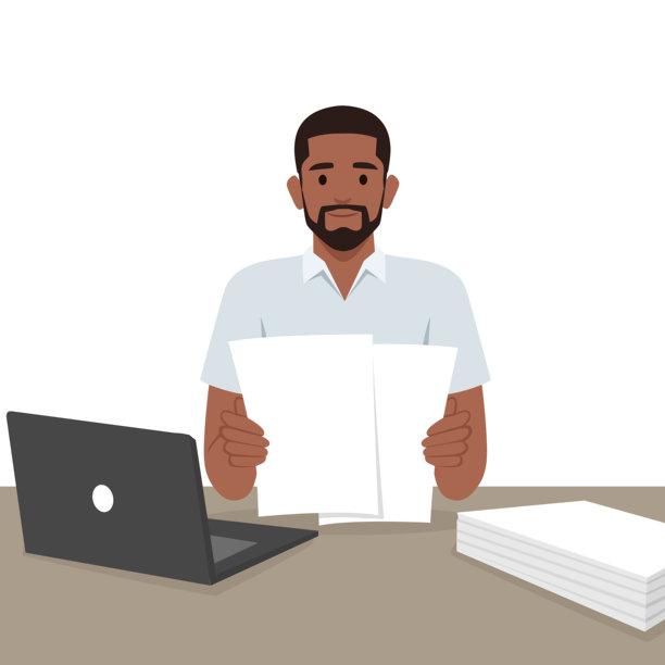 年轻人看着纸质文件，满意地研究。图片下载