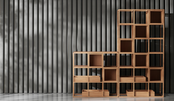简单房间里的方形木质书架，现代风格，3D渲染图片下载