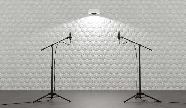 录音室中的麦克风 3D 渲染 专业麦克风在录音室中 麦克风架上的演讲表演 电容麦克风 隔音墙的录音室图片下载