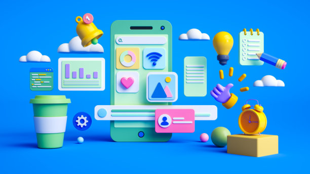 社交媒体连接概念，智能手机旁边放着咖啡杯，显示无线和各种图标。3D渲染。图片下载