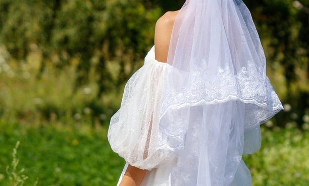夏季自然中穿着婚纱的新娘。细节照片。图片下载